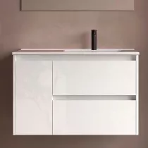 Ensemble NOJA 91cm meuble 2 tiroirs 1 porte Blanc brillant + vasque &agrave; droite plan &agrave; gauche - SALGAR R&eacute;f. 118179