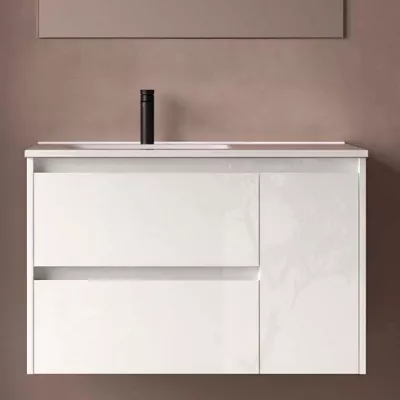 Ensemble NOJA 91cm meuble 2 tiroirs 1 porte Blanc brillant + vasque � gauche plan � droite - SALGAR R�f. 118169
