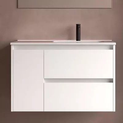 Ensemble NOJA 91cm meuble 2 tiroirs 1 porte Blanc satin� + vasque � droite plan � gauche - SALGAR R�f. 118180