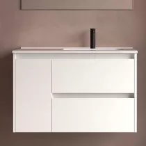 Ensemble NOJA 91cm meuble 2 tiroirs 1 porte Blanc satin&eacute; + vasque &agrave; droite plan &agrave; gauche - SALGAR R&eacute;f. 118180