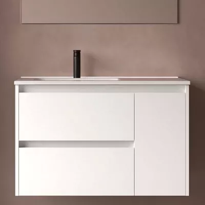 Ensemble NOJA 91cm meuble 2 tiroirs 1 porte Blanc satin� + vasque � gauche plan � droite - SALGAR R�f. 118170