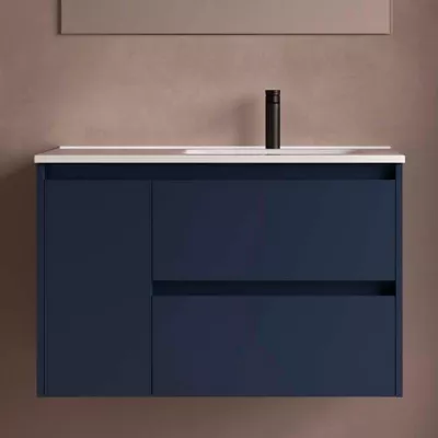 	Ensemble NOJA 91cm meuble 2 tiroirs 1 porte Bleu satin� + vasque � droite plan � gauche - SALGAR R�f. 118182
