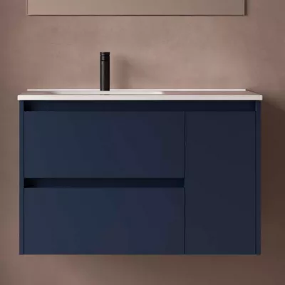 Ensemble NOJA 91cm meuble 2 tiroirs 1 porte Bleu satin� + vasque � gauche plan � droite - SALGAR R�f. 118172