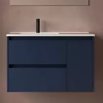 Ensemble NOJA 91cm meuble 2 tiroirs 1 porte Bleu satin&eacute; + vasque &agrave; gauche plan &agrave; droite - SALGAR R&eacute;f. 118172