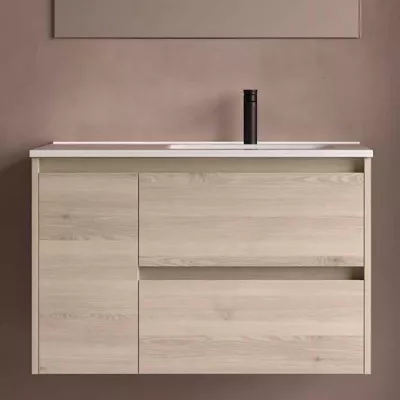 Ensemble NOJA 91cm meuble 2 tiroirs 1 porte Ch�ne naturel + vasque � droite plan � gauche - SALGAR R�f. 118185