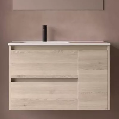 Ensemble NOJA 91cm meuble 2 tiroirs 1 porte Ch�ne naturel + vasque � gauche plan � droite - SALGAR R�f. 118175