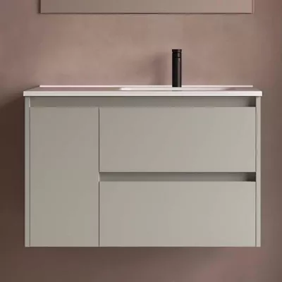 Ensemble NOJA 91cm meuble 2 tiroirs 1 porte Gris satin� + vasque � droite plan � gauche- SALGAR R�f. 118188