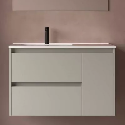 Ensemble NOJA 91cm meuble 2 tiroirs 1 porte Gris satin� + vasque � gauche plan � droite - SALGAR R�f. 118178