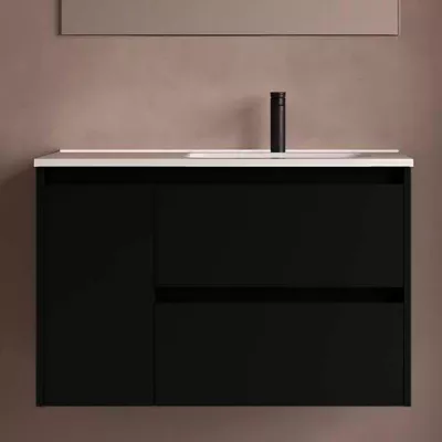 Ensemble NOJA 91cm meuble 2 tiroirs 1 porte Noir satin� + vasque � droite plan � gauche - SALGAR R�f. 118181