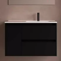 Ensemble NOJA 91cm meuble 2 tiroirs 1 porte Noir satin&eacute; + vasque &agrave; droite plan &agrave; gauche - SALGAR R&eacute;f. 118181