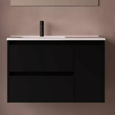 Ensemble NOJA 91cm meuble 2 tiroirs 1 porte Noir satin� + vasque � gauche plan � droite- SALGAR R�f. 118171
