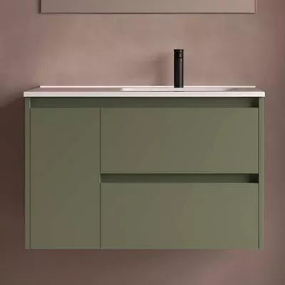 Ensemble NOJA 91cm meuble 2 tiroirs 1 porte Vert satin� + vasque � droite plan � gauche - SALGAR R�f. 118183