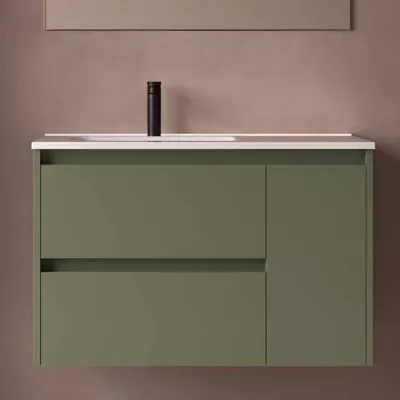 Ensemble NOJA 91cm meuble 2 tiroirs 1 porte Vert satin� + vasque � gauche plan � droite - SALGAR R�f. 118173