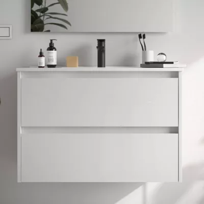Ensemble NOJA 91cm meuble 2 tiroirs Blanc brillant + vasque (miroir en option) - SALGAR R�f. 106079
