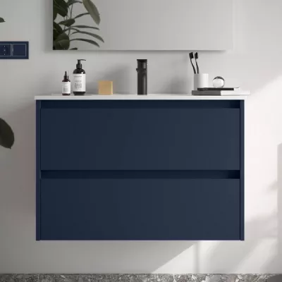 Ensemble NOJA 91cm meuble 2 tiroirs Bleu satin� + vasque (miroir en option) - SALGAR R�f. 106082