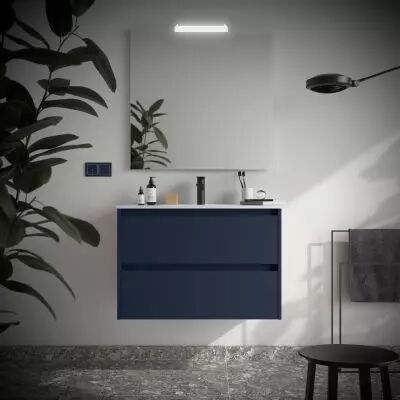 Ensemble NOJA 91cm meuble 2 tiroirs Bleu satin� + vasque (miroir en option) - Salgar R�f. 106154