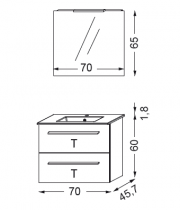 Ensemble Primaro 70cm meuble 2 tiroirs + plan vasque + miroir court + sport  - SANIJURA Réf. 737076