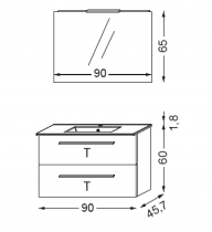 Ensemble Primaro 90cm meuble 2 tiroirs + plan vasque + miroir court + sport  - SANIJURA Réf. 737078