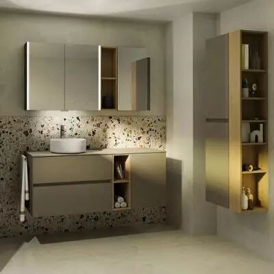 Ensemble SIGNATURE 141cm meuble 2 tiroirs + niche + porte - Plan compact (vasque � poser en option) - Laque au choix - DECOTEC