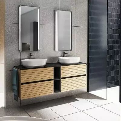 Ensemble SIGNATURE 181cm meuble 4 tiroirs + niche - Plan compact Noir mat (vasques � poser en option) - Placage bois - DECOTEC