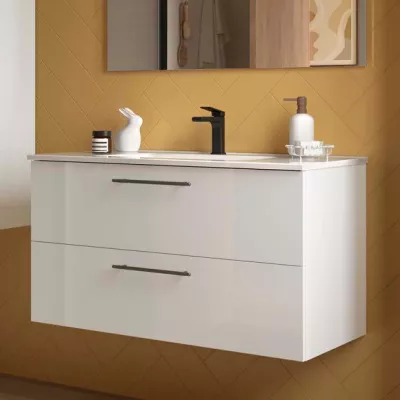 Ensemble SILANE 101cm Blanc satin� meuble 2 tiroirs + vasque (poign�es et miroir en option)  - SALGAR R�f. 118056