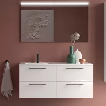 Ensemble SILANE 121cm Blanc satin&eacute; meuble 4 tiroirs + vasque avec plan &agrave; droite + miroir (poign&eacute;es en option)  - SALGAR 118737
