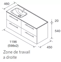 Ensemble SILANE 121cm Blanc satin&eacute; meuble 4 tiroirs + vasque avec plan &agrave; droite (poign&eacute;es et miroir en option) - SALGAR 118727