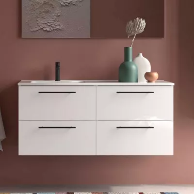 Ensemble SILANE 121cm Blanc satin� meuble 4 tiroirs + vasque avec plan � droite (poign�es et miroir en option) - SALGAR 118727