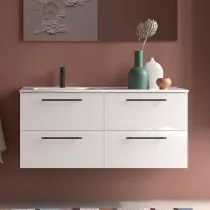 Ensemble SILANE 121cm Blanc satin&eacute; meuble 4 tiroirs + vasque avec plan &agrave; droite (poign&eacute;es et miroir en option) - SALGAR 118727