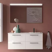 Ensemble SILANE 121cm Blanc satin&eacute; meuble 4 tiroirs + vasque avec plan &agrave; gauche + miroir (poign&eacute;es en option) - SALGAR R&eacute;f. 1187