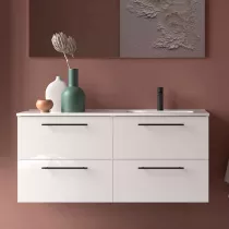 Ensemble SILANE 121cm Blanc satin&eacute; meuble 4 tiroirs + vasque avec plan &agrave; gauche (poign&eacute;es et miroir en option)  - SALGAR R&eacute;f. 11