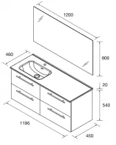 Ensemble SILANE 121cm Ch&ecirc;ne africain meuble 4 tiroirs + vasque avec plan &agrave; droite + miroir (poign&eacute;es en option) - SALGAR R&eacute;f. 11