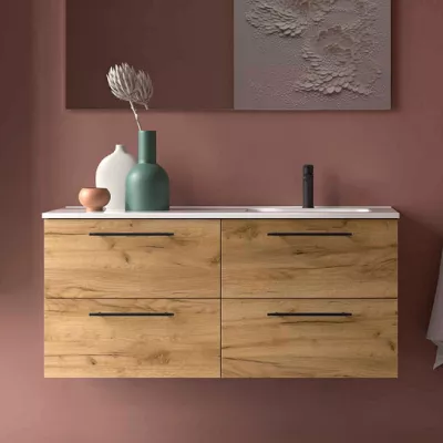 Ensemble SILANE 121cm Ch�ne africain meuble 4 tiroirs + vasque avec plan � gauche (poign�es et miroir en option) - SALGAR 118734