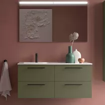 Ensemble SILANE 121cm Vert satin&eacute; meuble 4 tiroirs + vasque avec plan &agrave; droite + miroir (poign&eacute;es en option) - SALGAR R&eacute;f. 11873