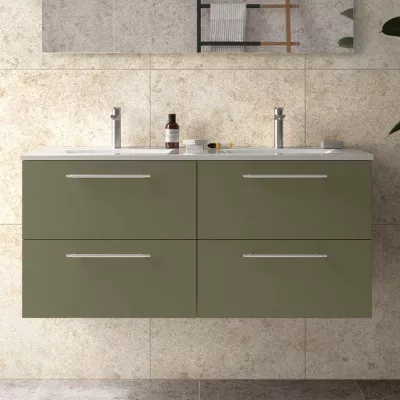 Ensemble SILANE 121cm Vert satin� meuble 4 tiroirs + vasque double (poign�es et miroir en option) - SALGAR R�f. 118062