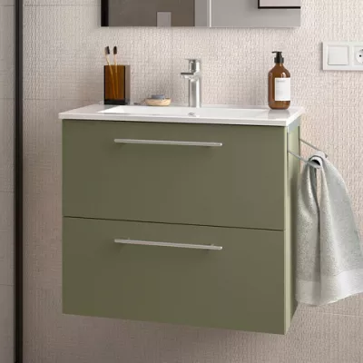 Ensemble SILANE 61cm Vert satin� meuble 2 tiroirs + vasque (poign�es et miroir en option)  - SALGAR R�f. 118044
