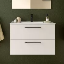 Ensemble SILANE 81cm Blanc satin&eacute; meuble 2 tiroirs + vasque (poign&eacute;es et miroir en option) - SALGAR R&eacute;f. 118048