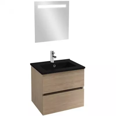 Ensemble TOLBIAC 60 cm 2 tiroirs - Finition m�lamin� Ch�ne Colorado - Meuble + Vasque noir - JACOB DELAFON EB2350-ECD