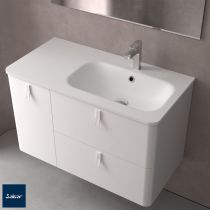 Ensemble UNIIQ 90cm Blanc mat - 2 tiroirs/1 porte à gauche - Meuble + Plan-vasque Solid-surface - Poignées au choix
