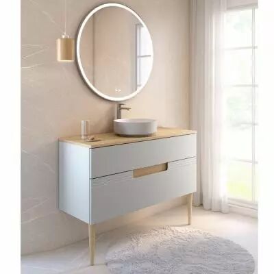 Ensemble VIBRATO  prise de main  120cm meuble 2 tiroirs / Plan Ch�ne + vasque Perle - Laque / Bandeau placage ch�ne - DECOTEC