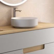 Ensemble VIBRATO \ prise de main\  80cm meuble 2 tiroirs / Plan Chêne + vasque Perle - Laque / Bandeau placage chêne - DECOTEC