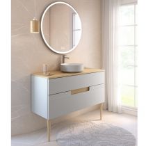 Ensemble VIBRATO \ prise de main\  80cm meuble 2 tiroirs / Plan Chêne + vasque Perle - Laque / Bandeau placage chêne - DECOTEC