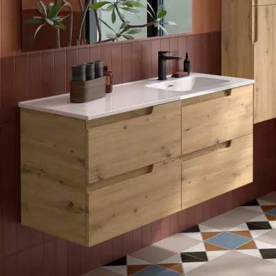 Ensemble VIMA 121cm Ch�ne montana meuble 2 tiroirs + vasque avec plan � gauche (miroir en option)  - SALGAR R�f. 118670