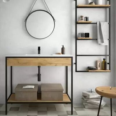 Ensemble VINCI 100 cm avec �tag�re - Noir mat/Ch�ne Africain + Plan-vasque