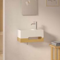 Lave-mains Japandi 50cm Solid Surface Blanc / Bois massif - DECOTEC