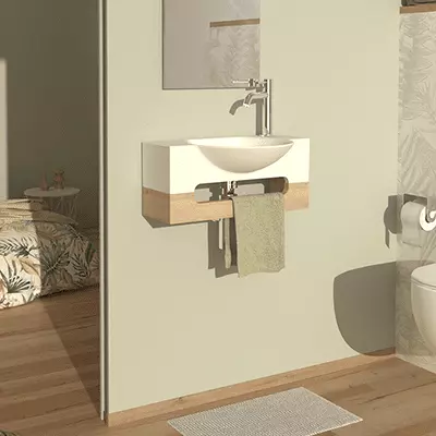 Lave-mains Japandi Baby 44cm Solid Surface Blanc / Bois massif - DECOTEC