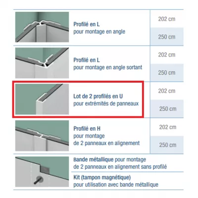 Lot de 2 profil�s en U Argent brillant pour extr�mit�s de panneaux Kinewall 202cm - KINEDO R�f. KINWALL202UAB