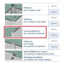 Lot de 2 profil&eacute;s en U Blanc pour extr&eacute;mit&eacute;s de panneaux Kinewall 202cm - KINEDO R&eacute;f. KINWALL202UB
