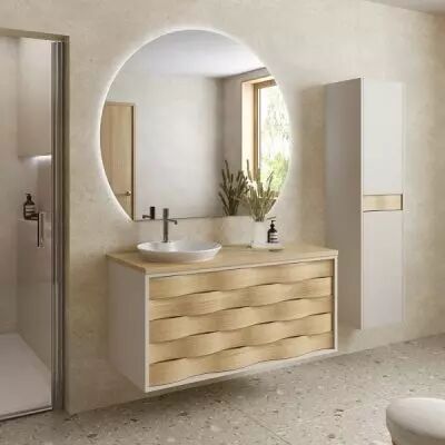 Meuble Cascade 121cm avec plan ch�ne & vasque � poser C�ramyl� (1 ou 2 vasques) / Fa�ades ch�ne & Laque au choix - DECOTEC