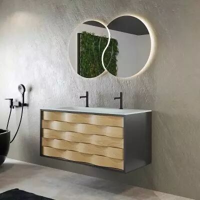 Meuble Cascade 121cm avec plan-vasque Solidsurface ou c�ramique (per�age 2 robinets) / Fa�ades ch�ne & Laque au choix - DECOTEC 